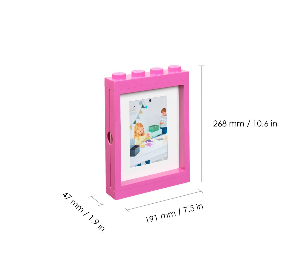 Różowa ramka LEGO na zdjęcia różowa w kształcie klocka o wymiarach 268x191x47 mm