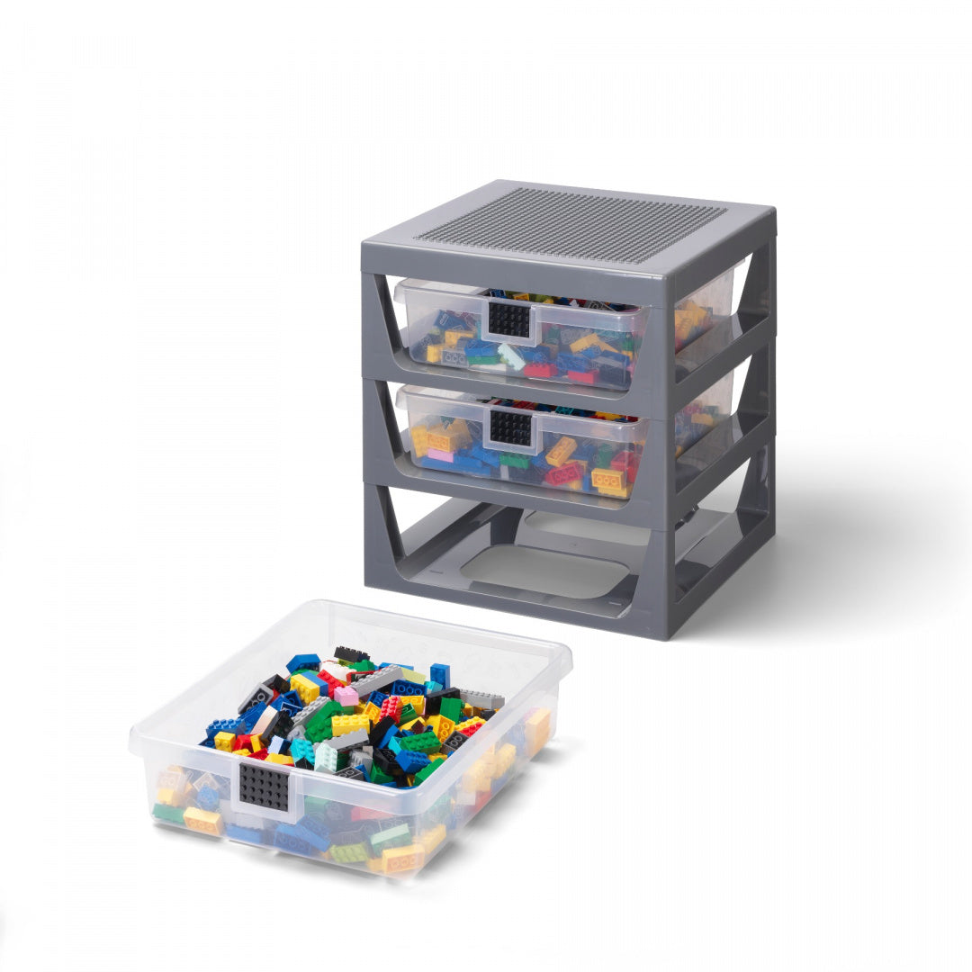 LEGO regał LEGO z szufladami na klocki w przezroczystych pojemnikach szary stelaż