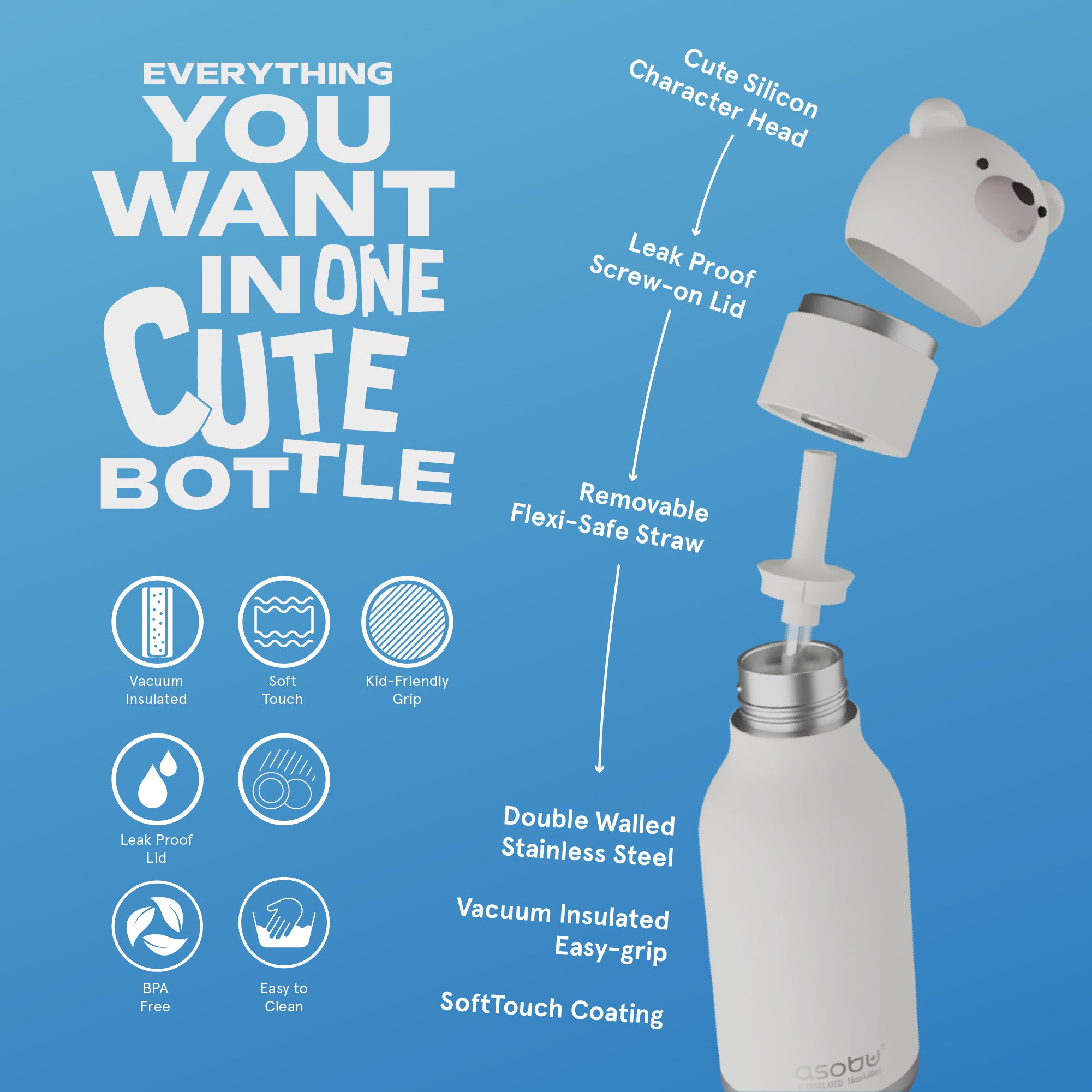 Butelka termiczna ze słomką Bestie Asobu – Niedźwiedź Polarny 460 ml