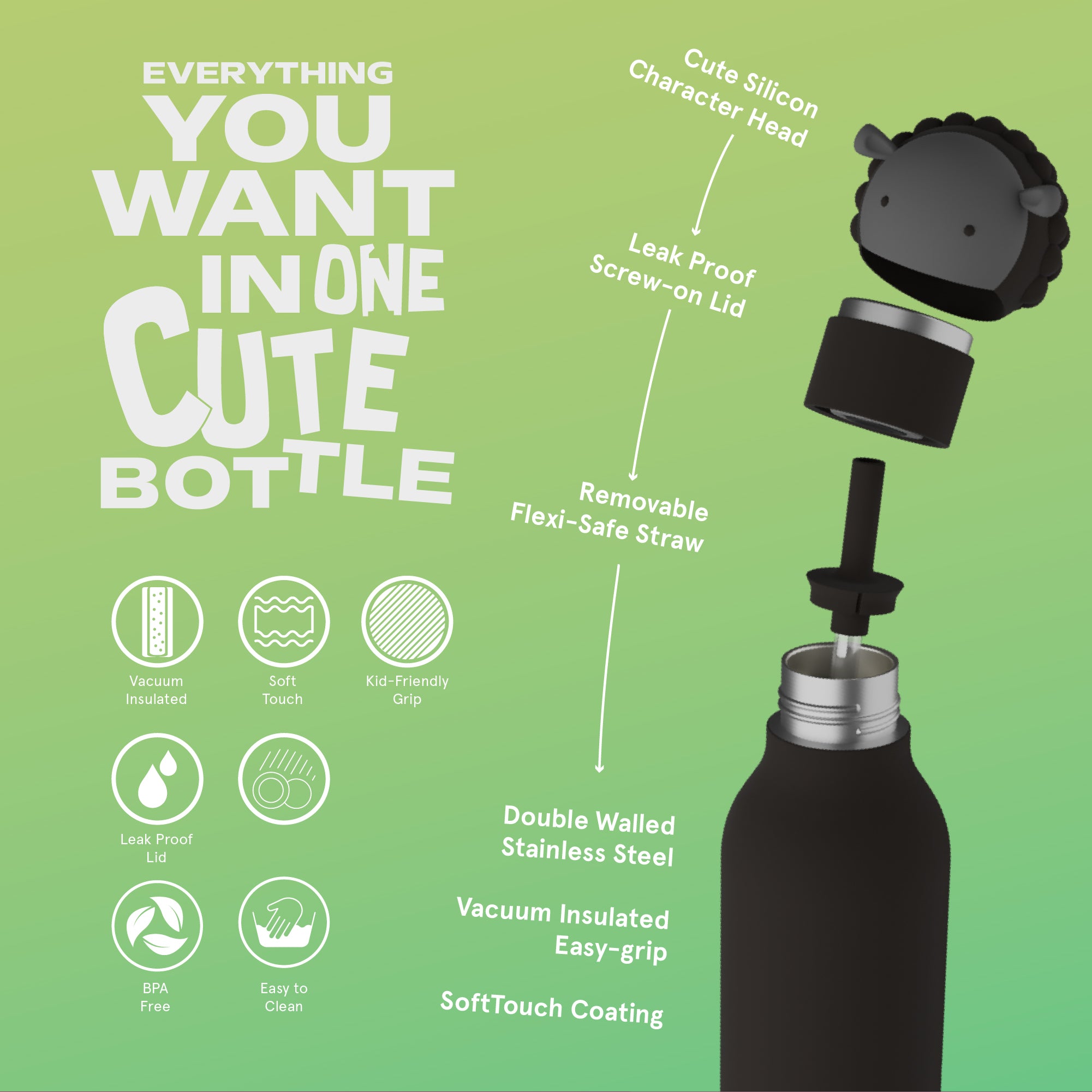 Thermal bottle with straw Bestie Asobu – Black Sheep 460 ml
