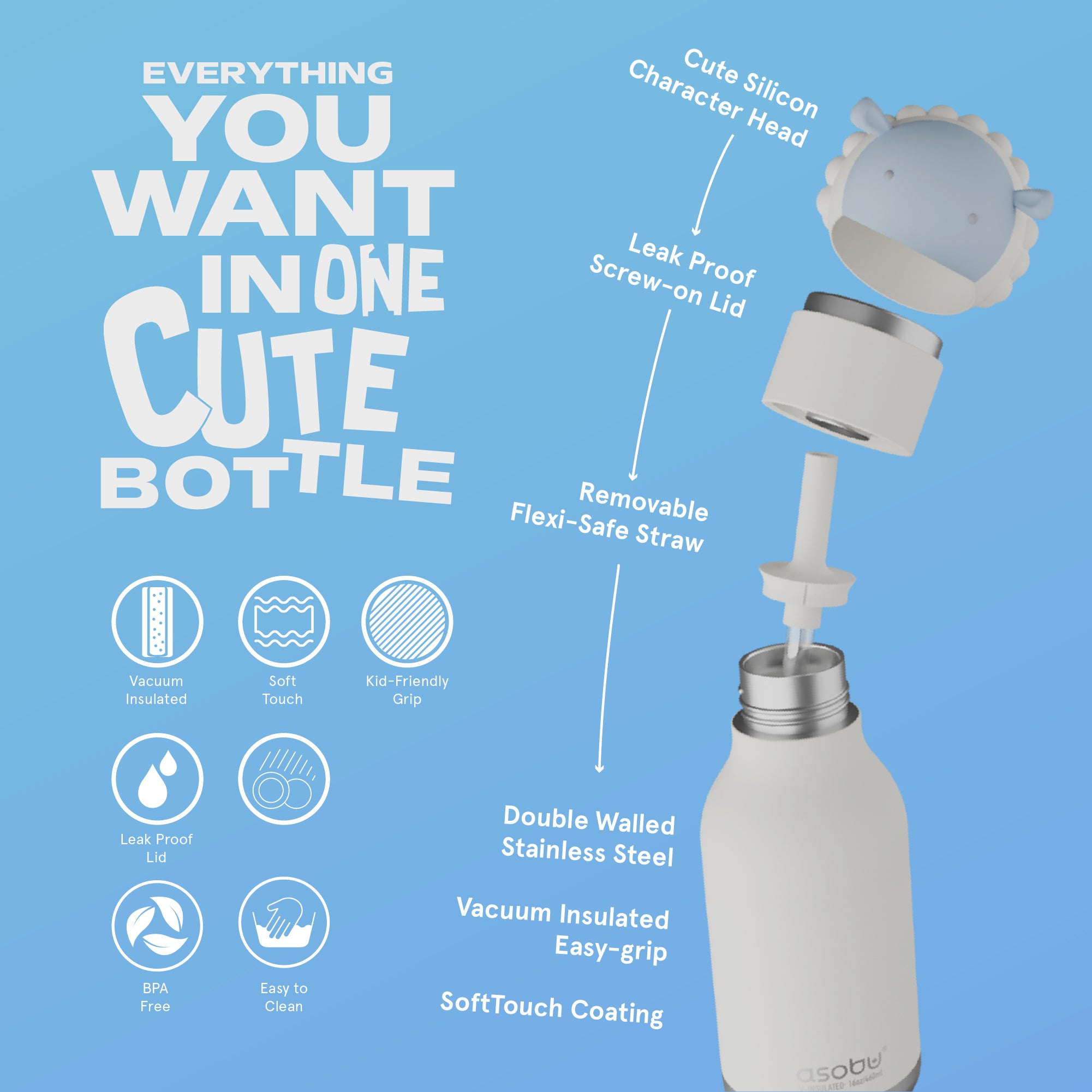 Butelka termiczna ze słomką Bestie Asobu – Owca 460 ml