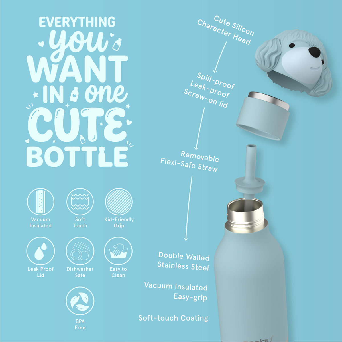 Thermal bottle with straw Bestie Asobu – Poodle 460 ml