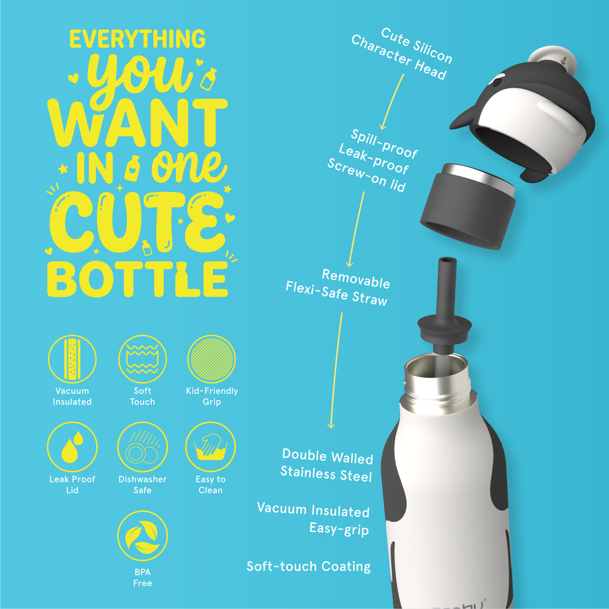 Thermal bottle with straw Bestie Asobu – Cow 460 ml
