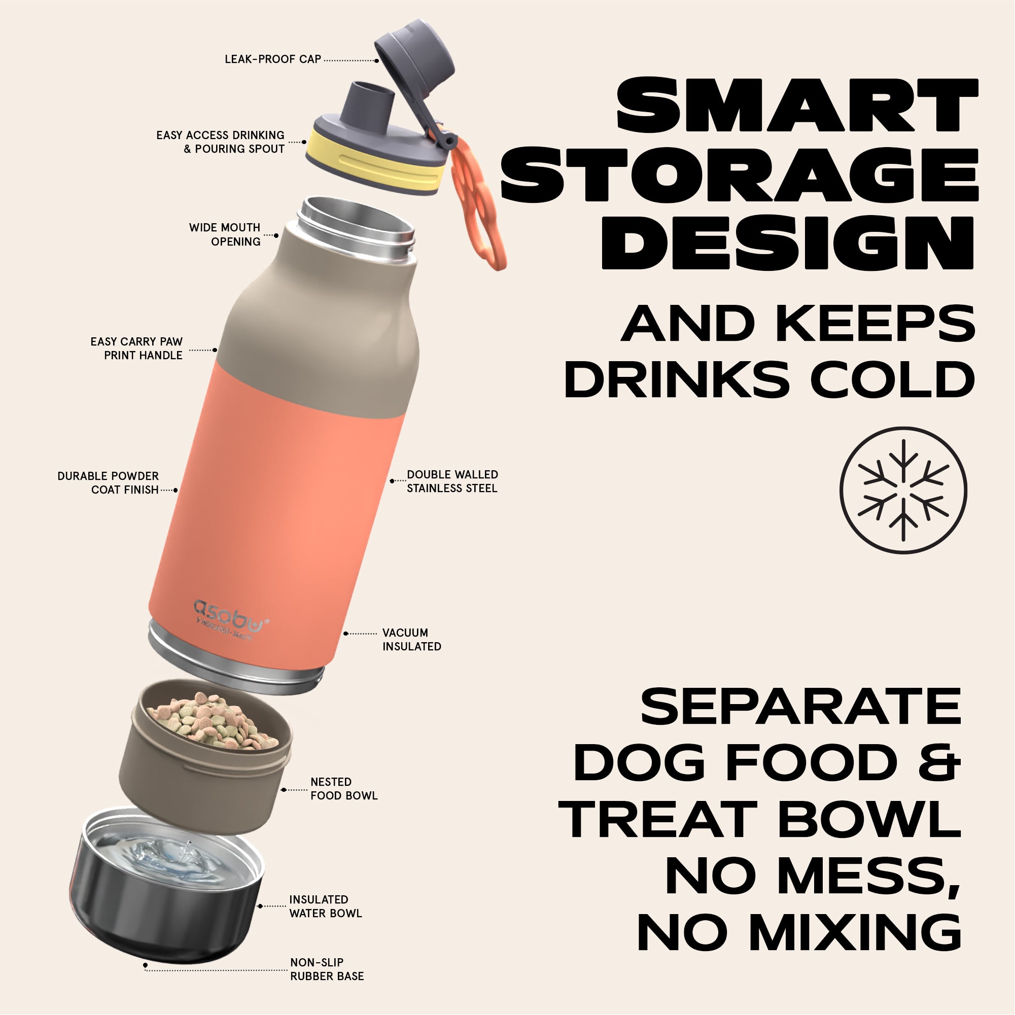 Butelka z miskami dla psa Buddy Asobu – pastel peach 1 l