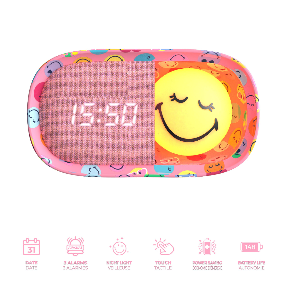 Alarm clock with lamp MOB Smiley World – pink