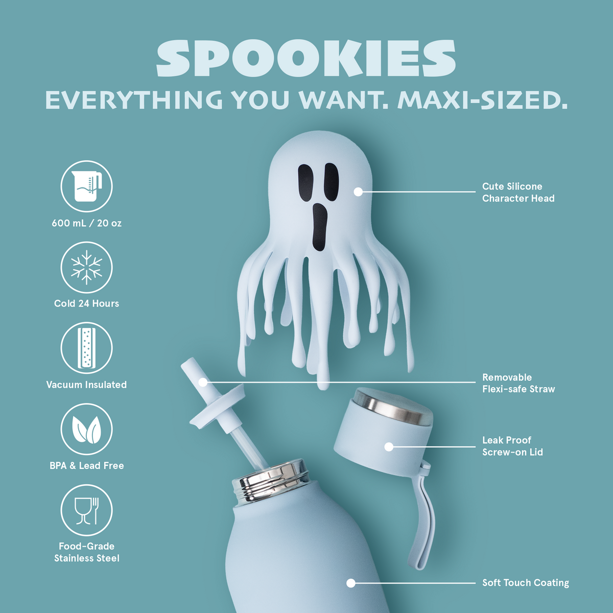 Thermal bottle with straw Maxi Spookie Asobu – Ghost 660 ml