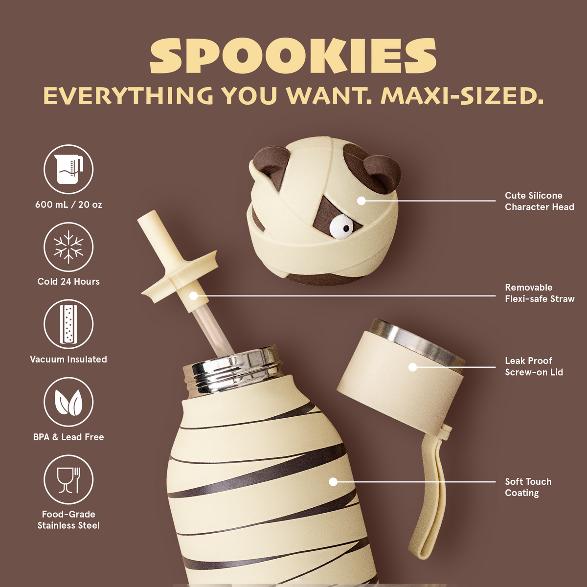 Thermal bottle with straw Maxi Spookie Asobu – Mummified Bear 660 ml