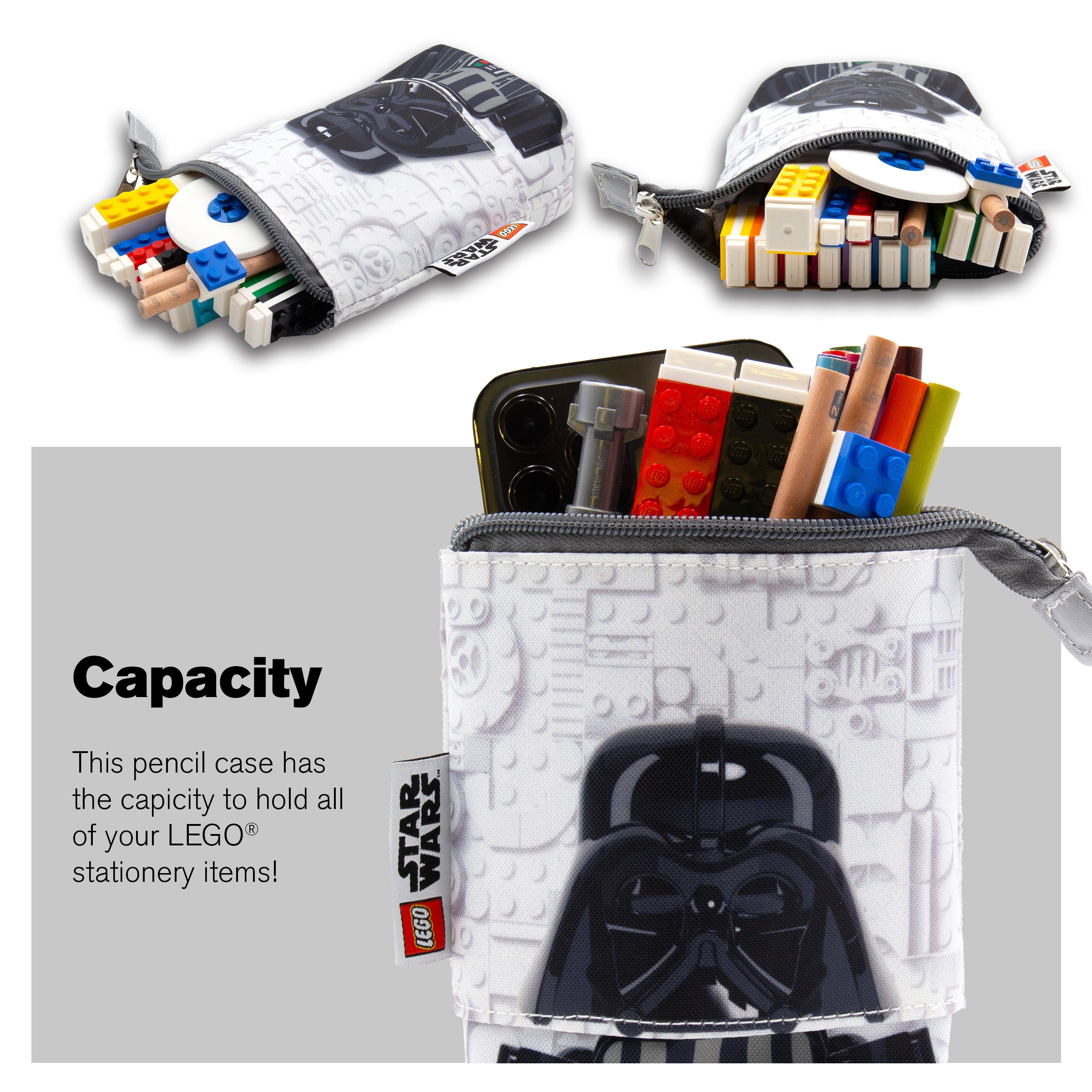 Piórnik LEGO Star Wars z nadrukiem Dartha Vadera na jasnym tle z miejscem na przybory szkolne