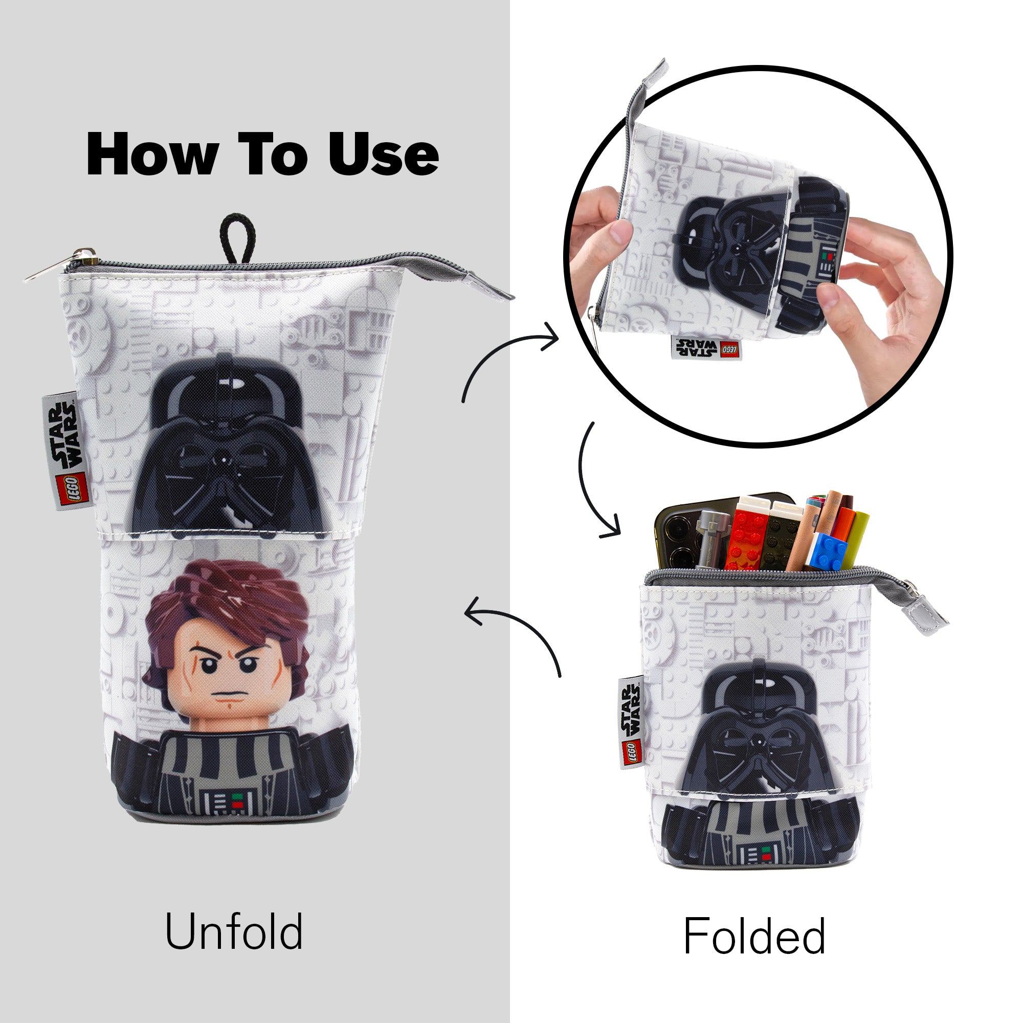 Piórnik LEGO Star Wars z motywem Darth Vader i Luke Skywalker, składany z miejscem na przybory szkolne