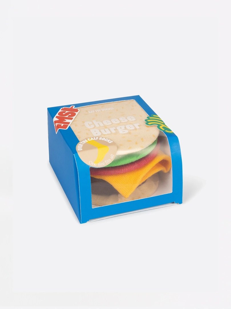 Skarpetki cheeseburger EMS zapakowane w pudełko przypominające hamburgera