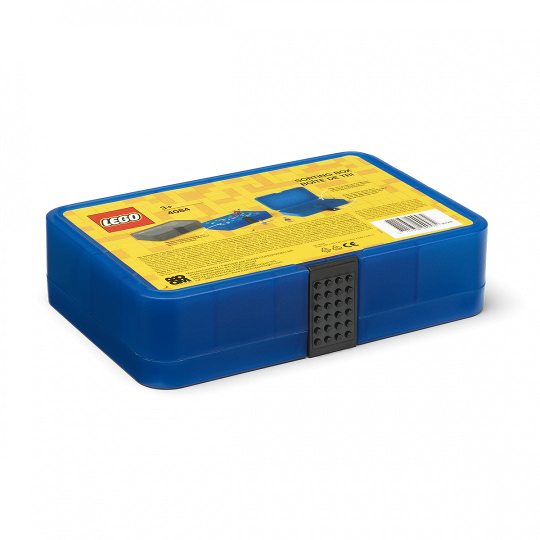 Sortuj LEGO Classic niebieski pojemnik na klocki z żółtą naklejką i czarnym zamknięciem