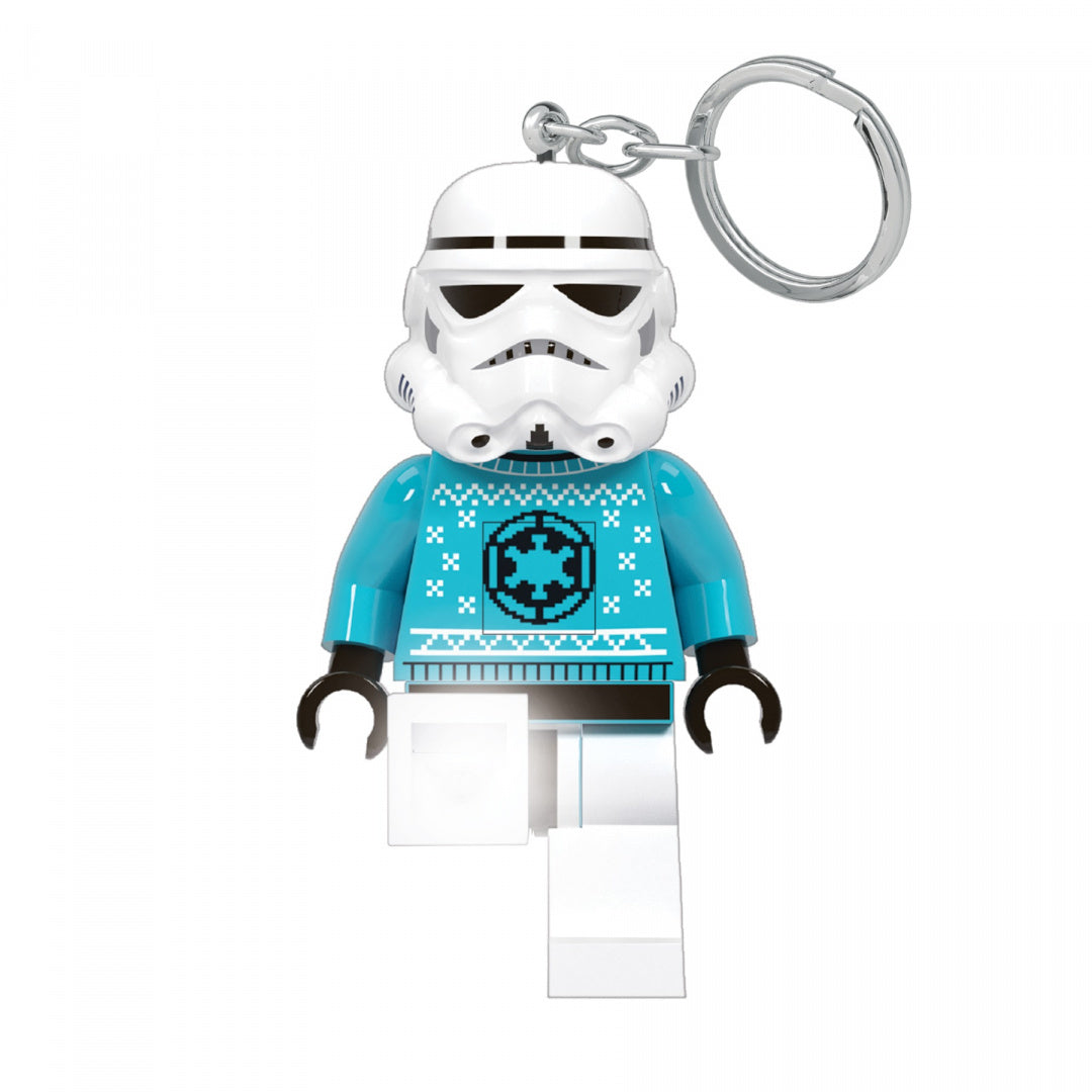 Świąteczny brelok LEGO Star Wars przedstawiający figurkę szturmowca w niebieskim swetrze świątecznym
