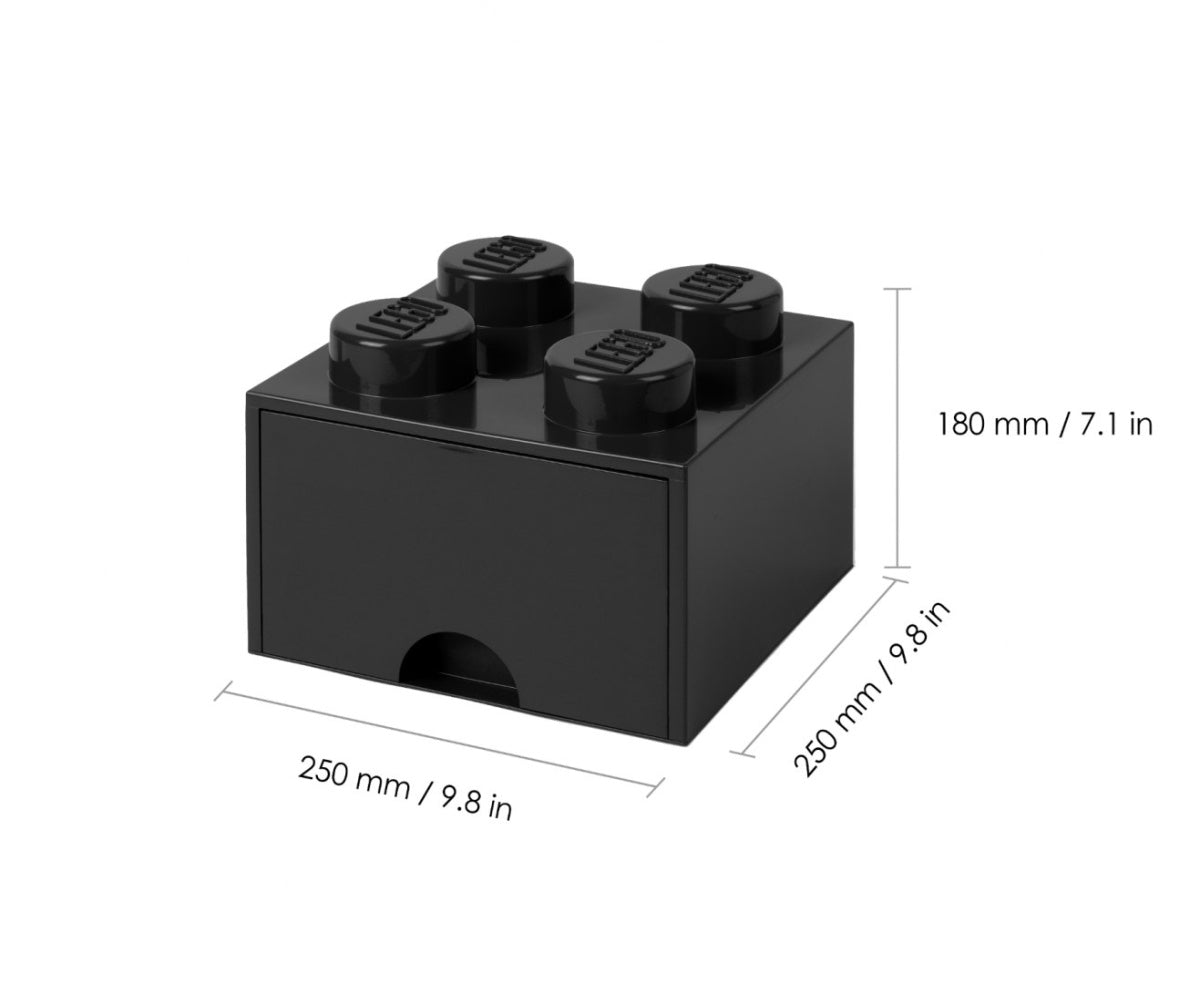 Czarna szuflada LEGO Brick 4 w kształcie klocka z czterema wypustkami i wymiarami 250x250x180 mm