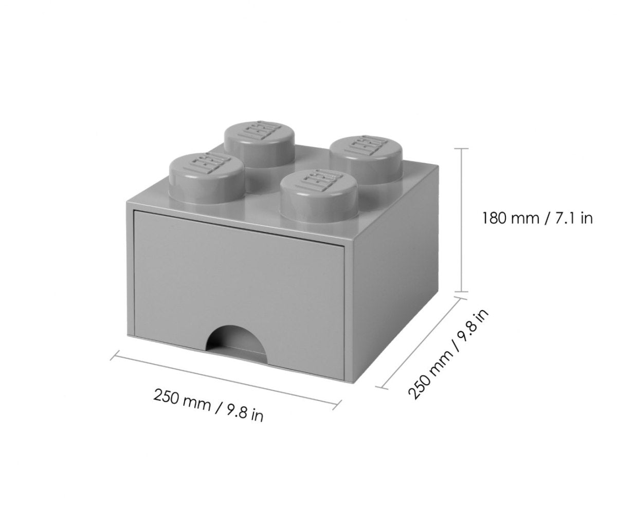 Szuflada LEGO Brick 4 szara w kształcie dużej cegiełki do przechowywania z wymiarami