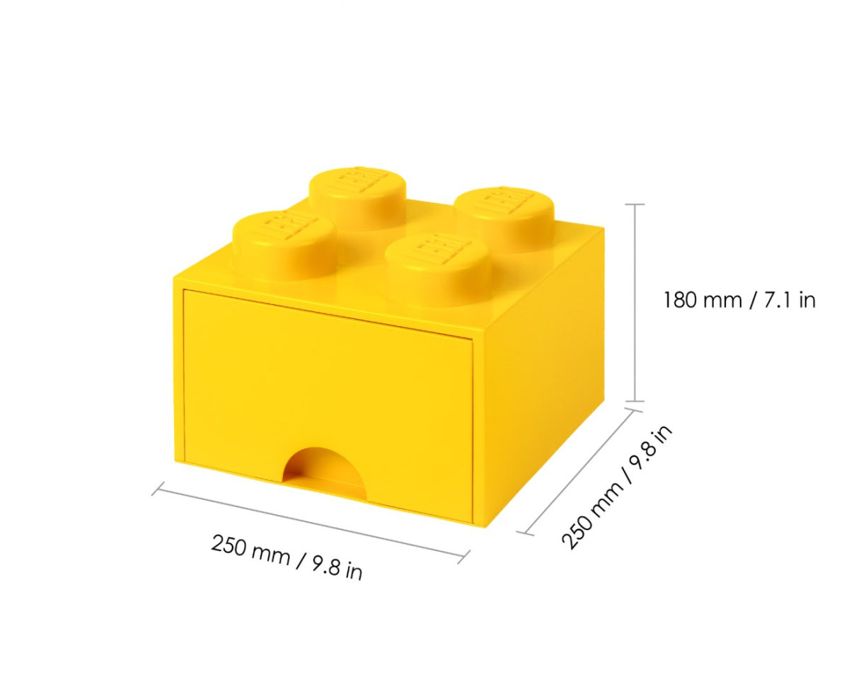 Żółta szuflada klocek LEGO w kształcie dużego klocka z czterema wypustkami do przechowywania zabawek