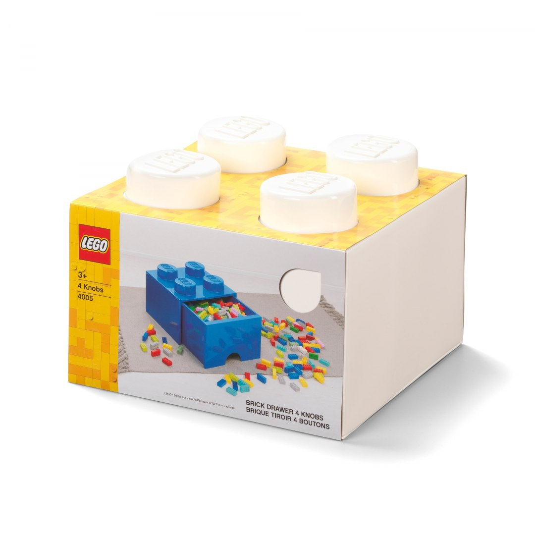 Szuflada LEGO na zabawki w kształcie dużej żółtej kostki z czterema guzikami