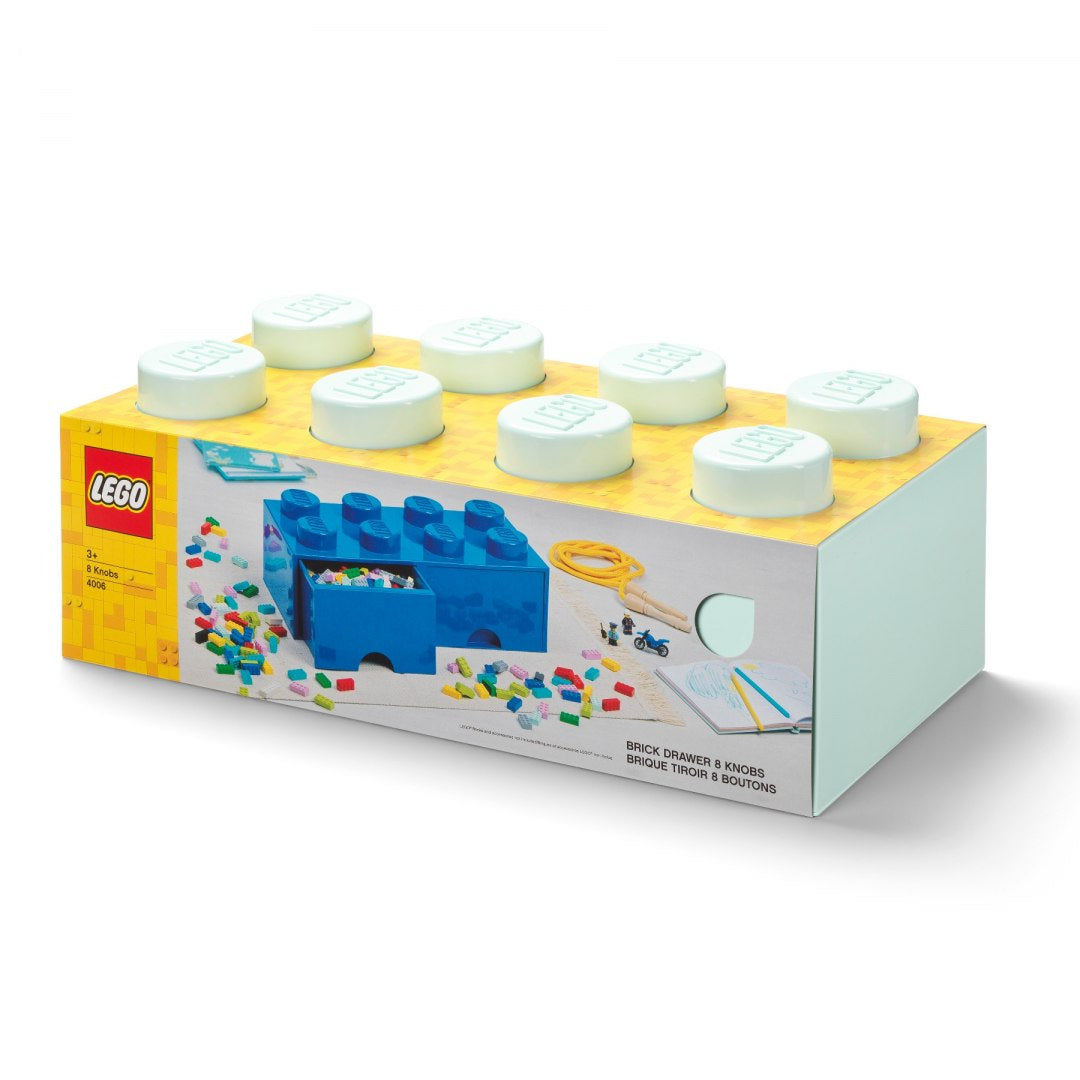 Szuflada LEGO Brick 8 morski niebieska do przechowywania klocków LEGO z ośmioma białymi gałkami