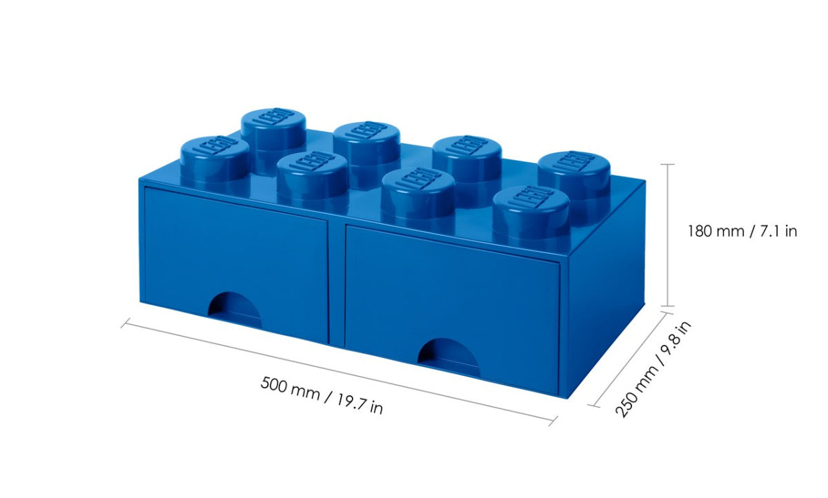 Niebieska szuflada LEGO Brick 8 z dwoma pojemnikami i wymiarami produktu