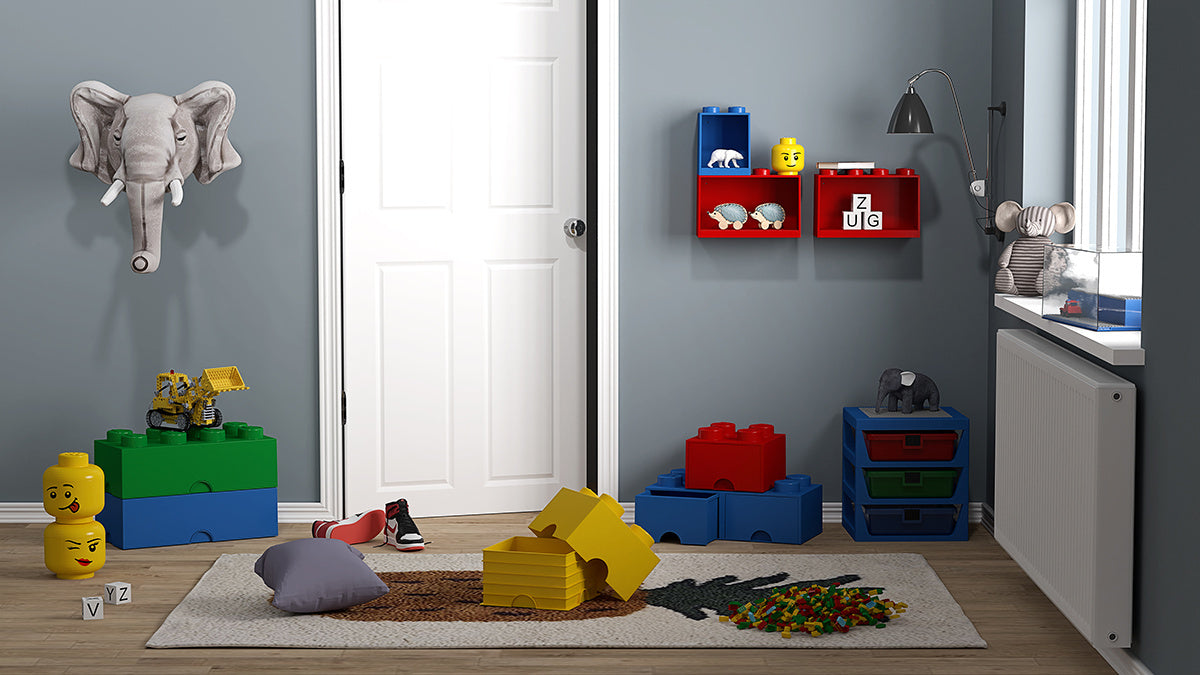 Pokój dziecięcy z kolorowymi pudełkami i szufladami LEGO w tym szuflada LEGO Brick 8 niebieska do przechowywania klocków