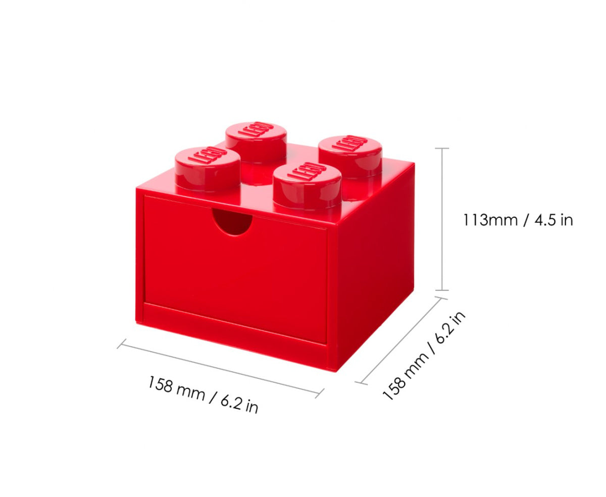 Czerwona szufladka LEGO na biurko w kształcie klocka z wymiarami 158x158x113 mm