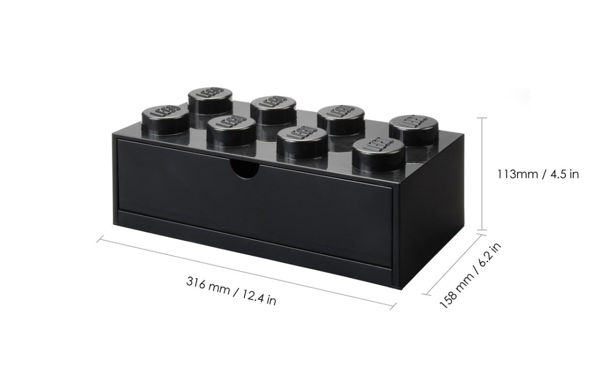 czarna szufladka LEGO na biurko w kształcie klocka LEGO z jedną szufladą