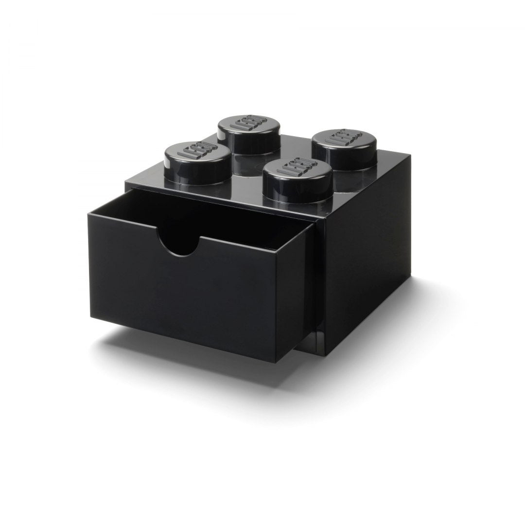 Czarna szufladka LEGO na biurko w kształcie klocka z otwartą szufladą do przechowywania drobiazgów