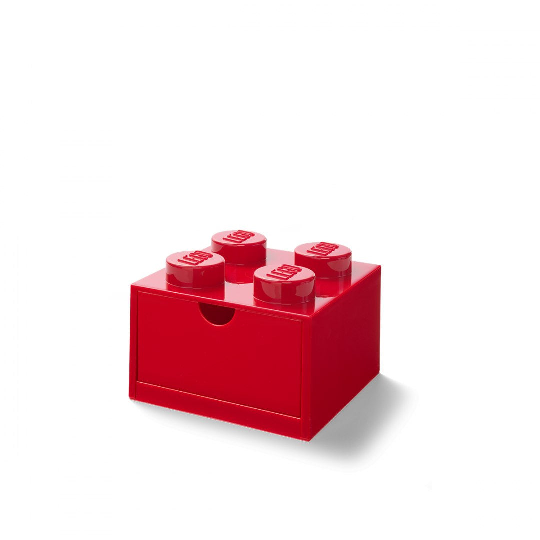 Czerwona szufladka LEGO na biurko w kształcie klocka z czterema wypukłymi oczkami