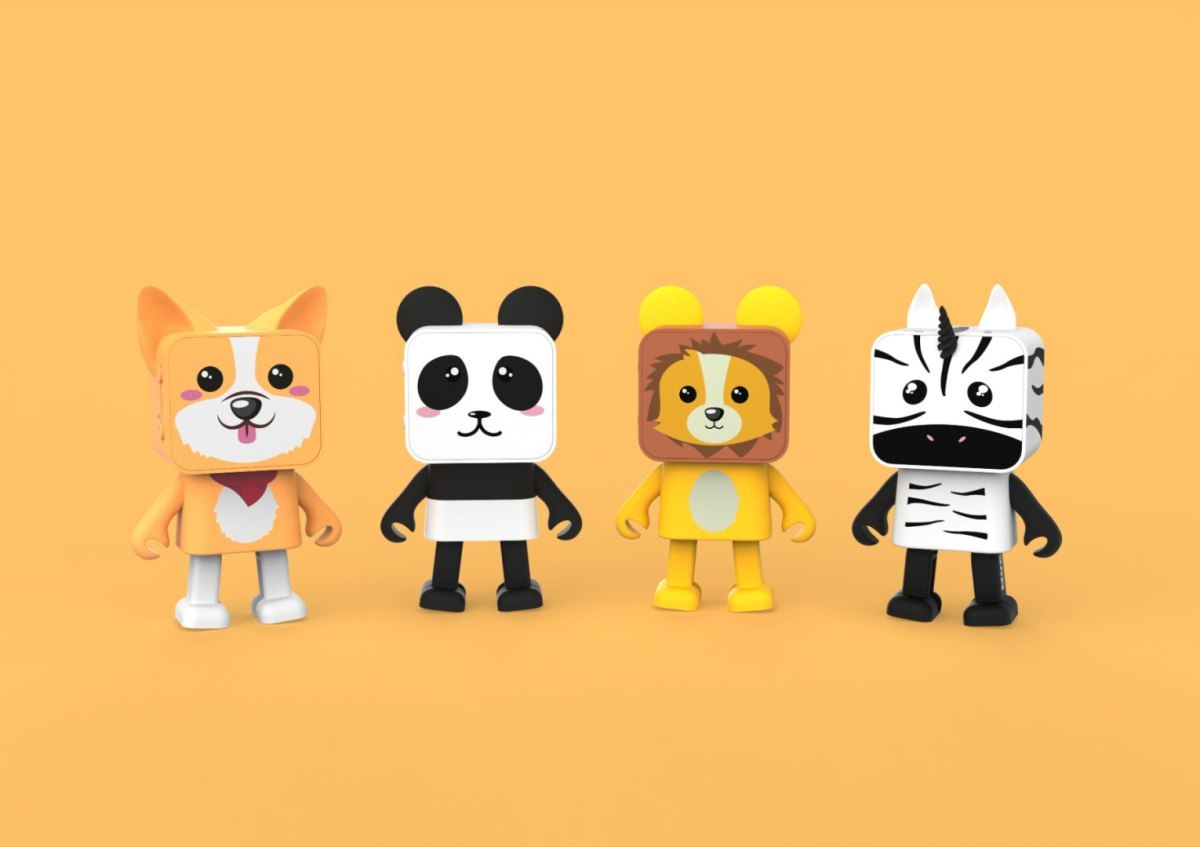 Zestaw figurek zwierząt z tańczącym głośnikiem bezprzewodowym panda na pomarańczowym tle