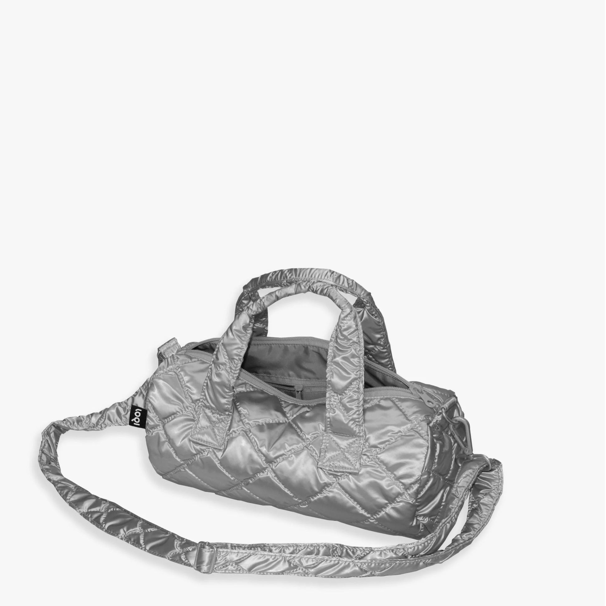 Torba weekender LOQI Metallic – Silver Puffy (średnia)