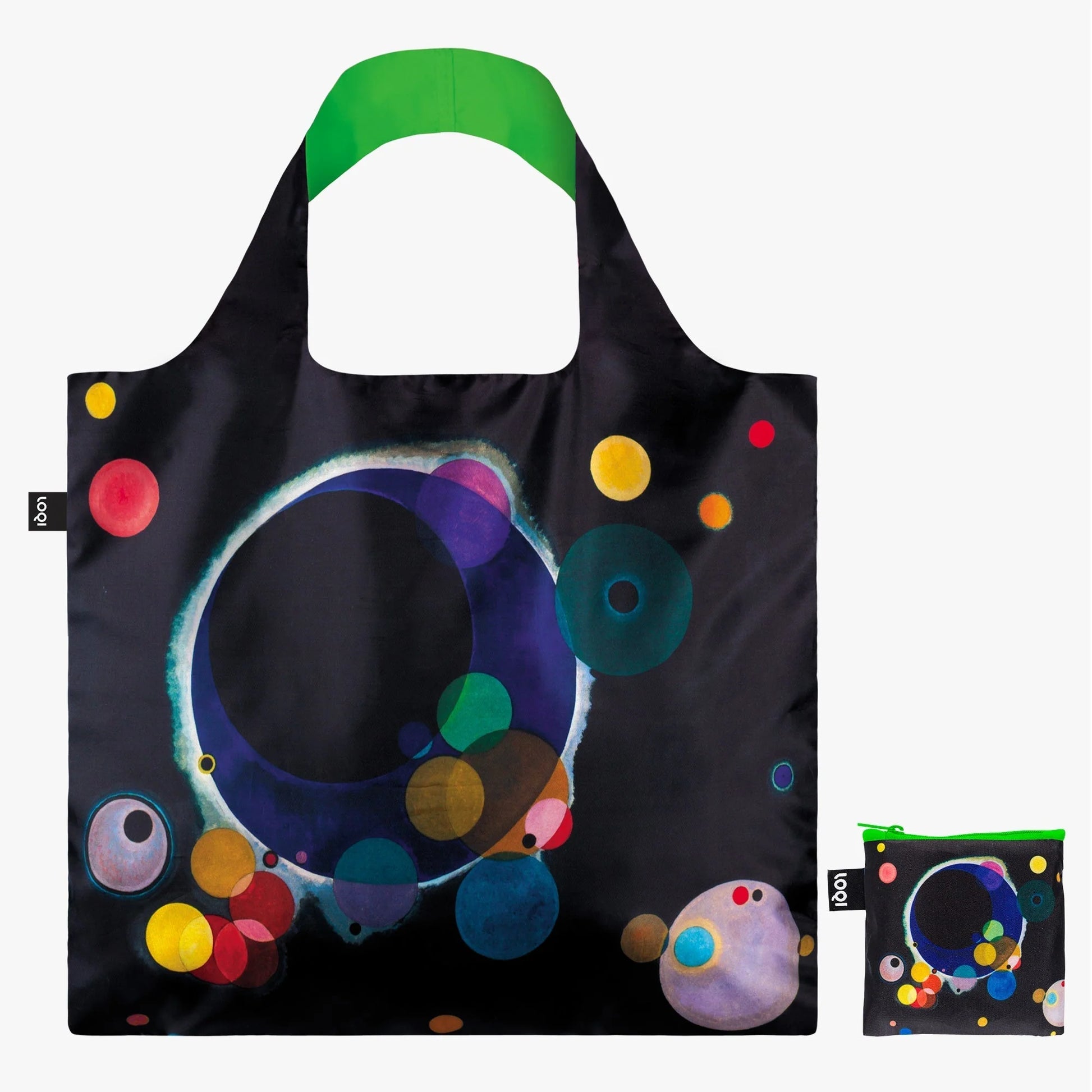 Torba podręczna z nadrukiem Kandinsky w czarnym kolorze z kolorowymi okręgami i zielonym uchwytem od Yamann