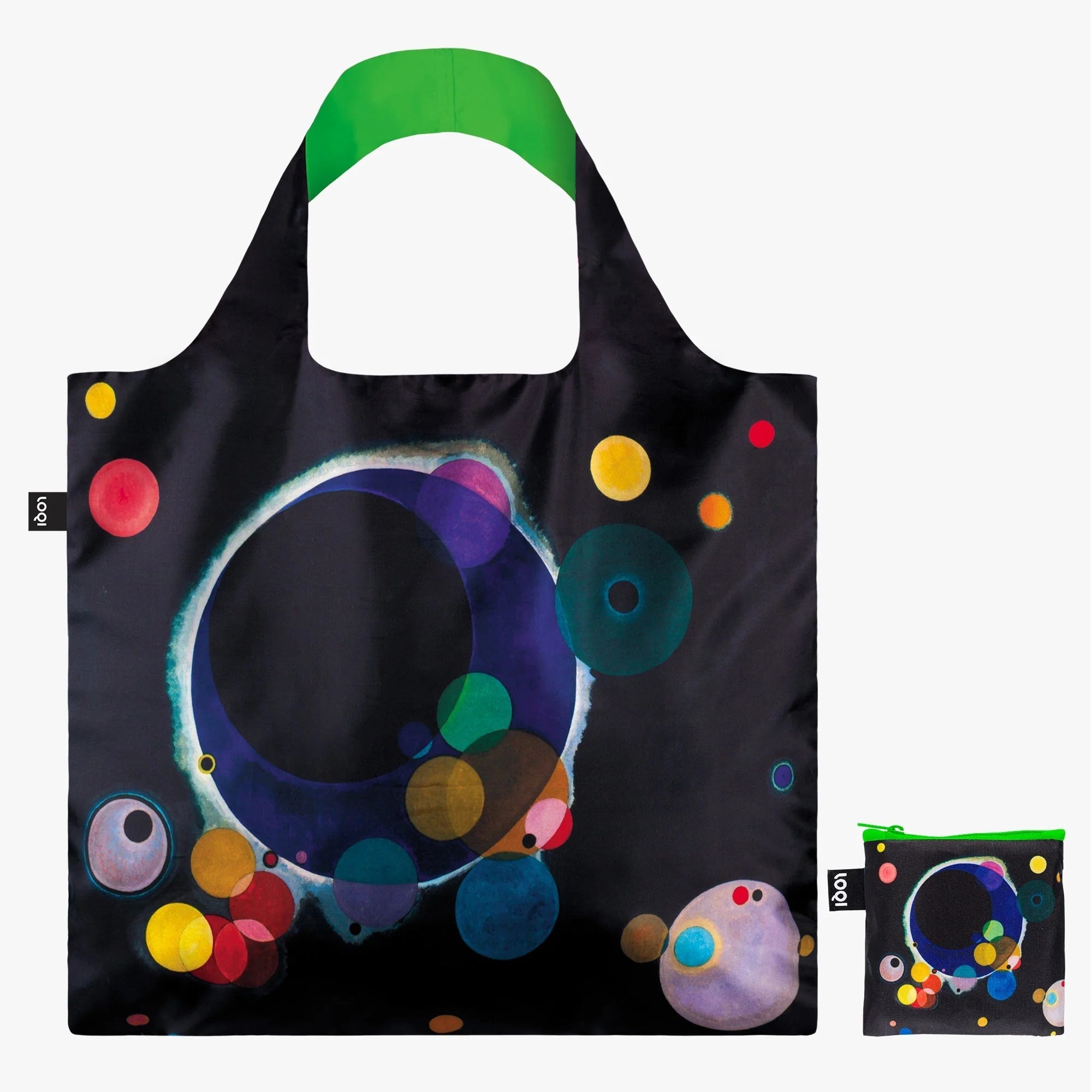 Torba podręczna z nadrukiem Kandinsky w czarnym kolorze z kolorowymi okręgami i zielonym uchwytem od Yamann