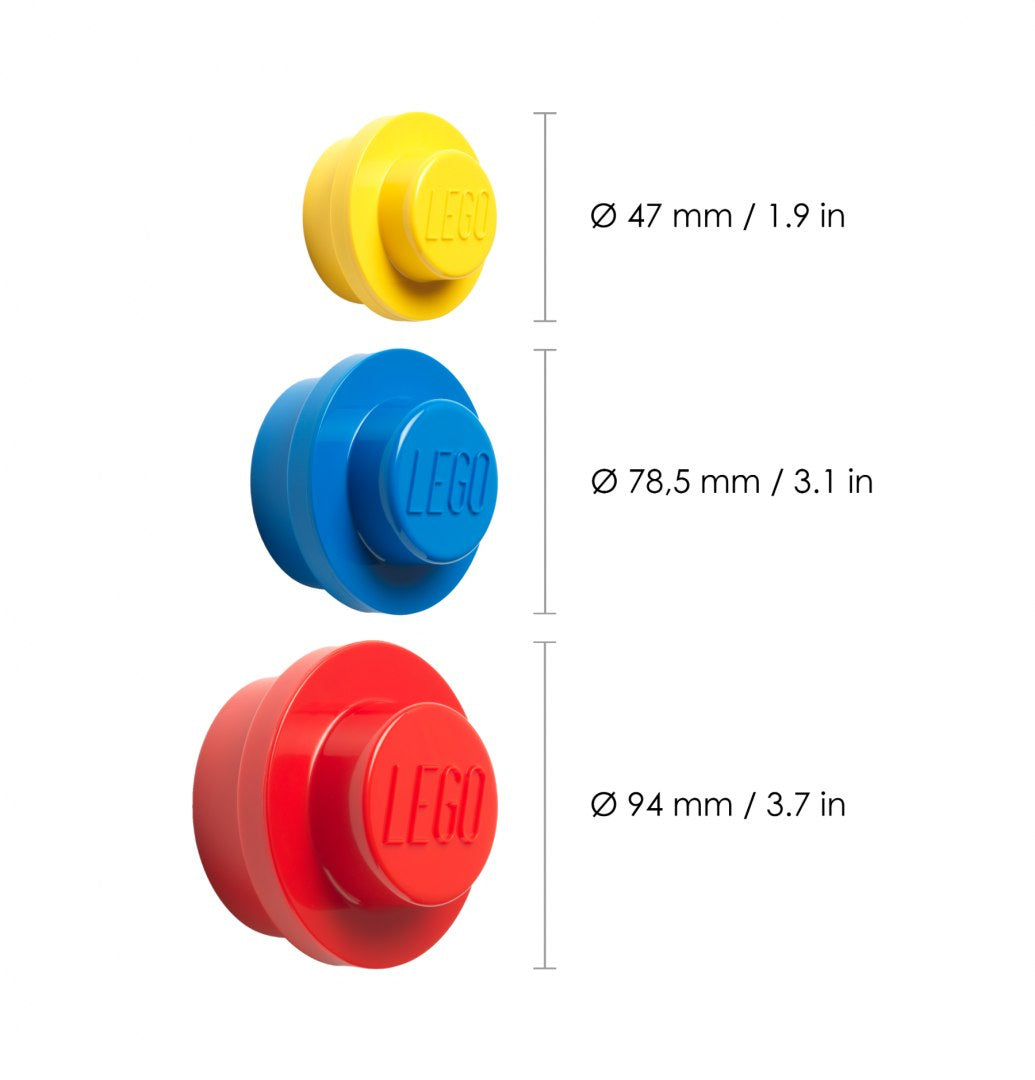 Kolorowe wieszaki LEGO na ścianę w trzech rozmiarach żółty, niebieski i czerwony od BV JACOB COMPANY