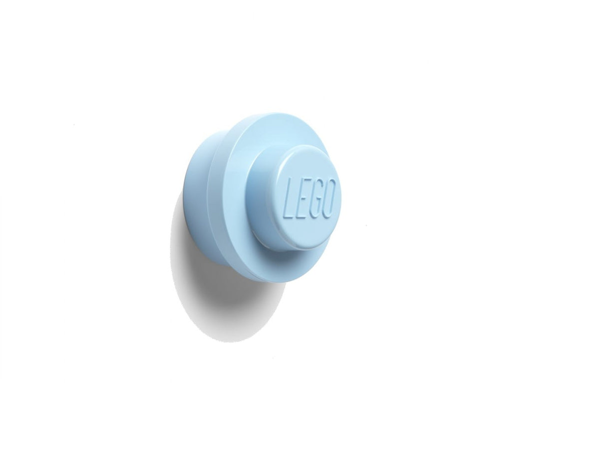 Jasnoniebieski wieszak LEGO jasnoniebieski różowy biały o okrągłym kształcie z logo LEGO
