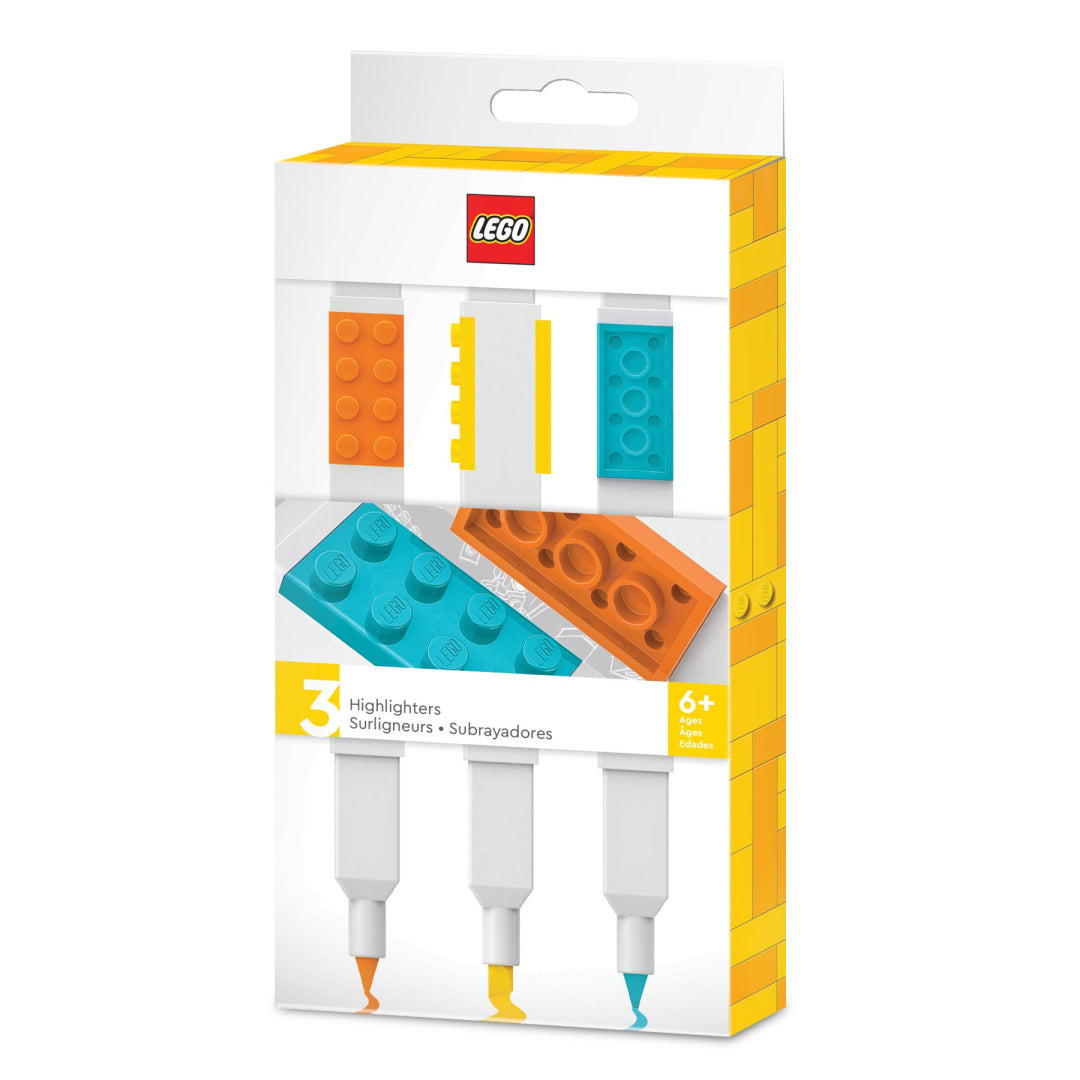 Zakreślacze LEGO 3 kolory w opakowaniu z klockami, pomarańczowy, żółty i niebieski