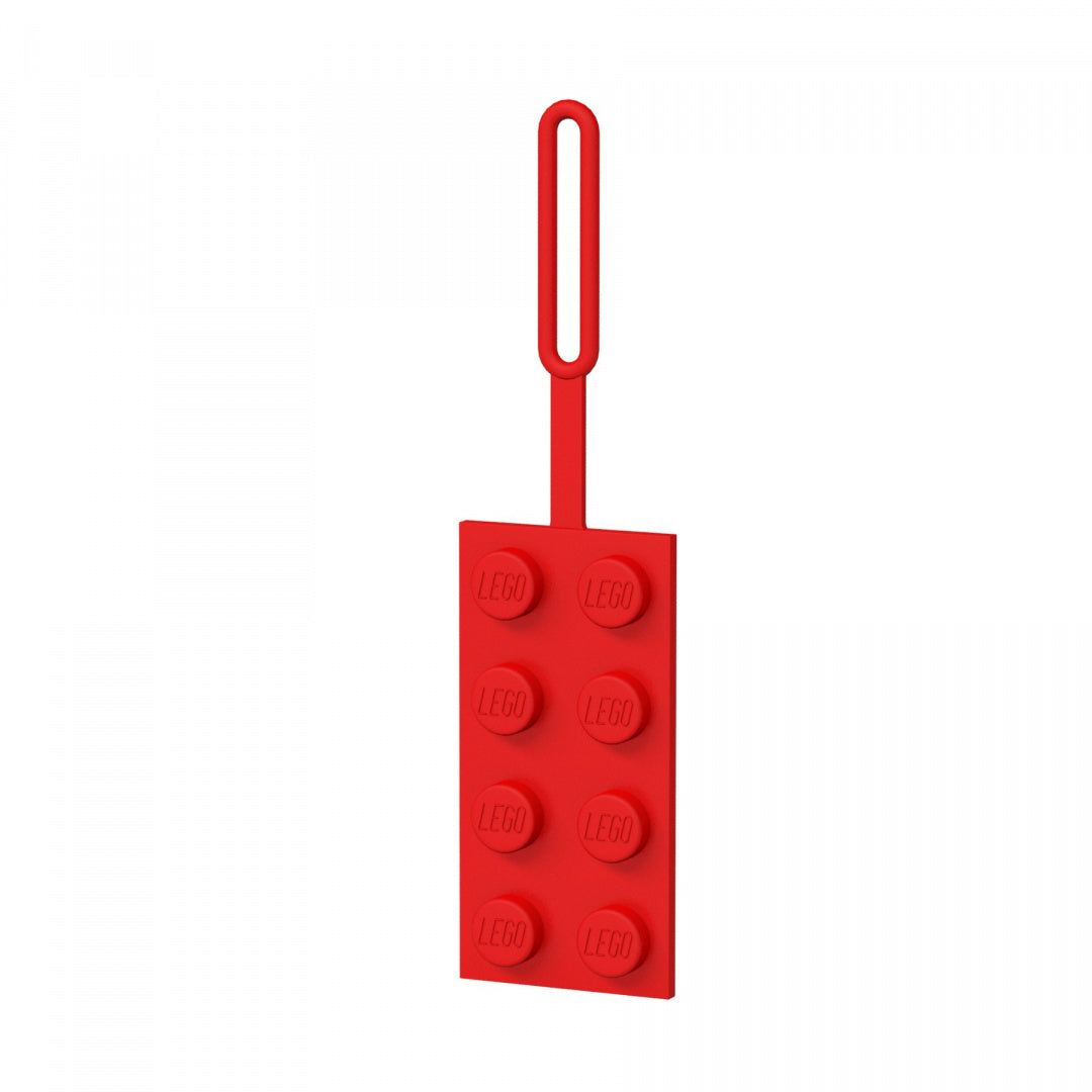 Czerwona zawieszka do bagażu LEGO w kształcie klasycznej kostki Lego z pętlą do mocowania