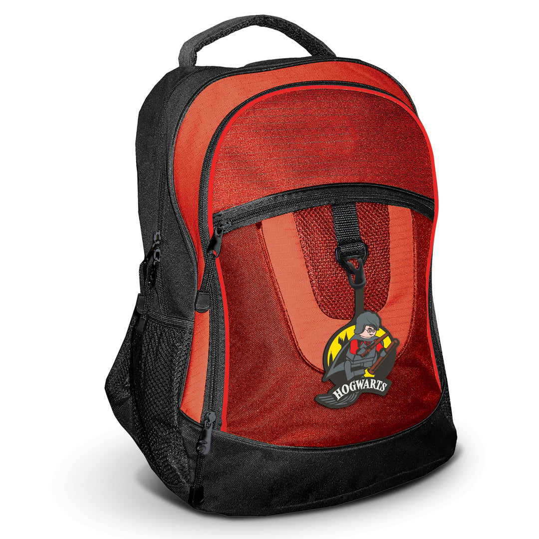Czerwono-czarny plecak z zawieszką LEGO Harry Potter Quidditch i logo Hogwarts
