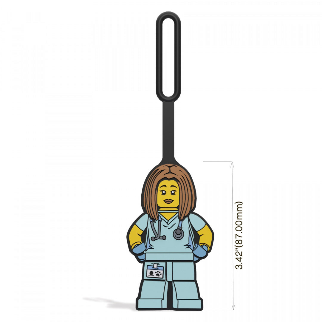 Zawieszka LEGO pielęgniarka w niebieskim uniformie z identyfikatorem i stetoskopem