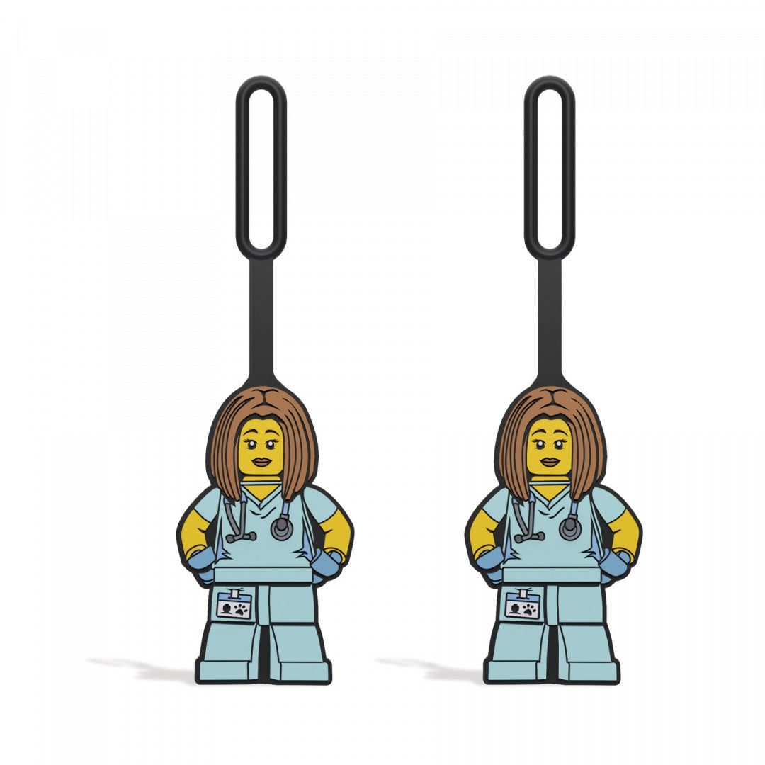 Zawieszka LEGO pielęgniarka w niebieskim uniformie z stetoskopem i identyfikatorem
