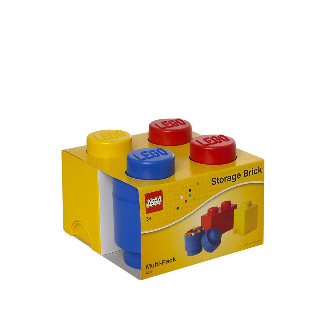 Pojemniki LEGO do przechowywania w kształcie klocków w kolorach czerwonym, niebieskim i żółtym
