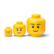 Zestaw pojemników głowa LEGO chłopiec w trzech rozmiarach do przechowywania z uśmiechniętymi żółtymi głowami