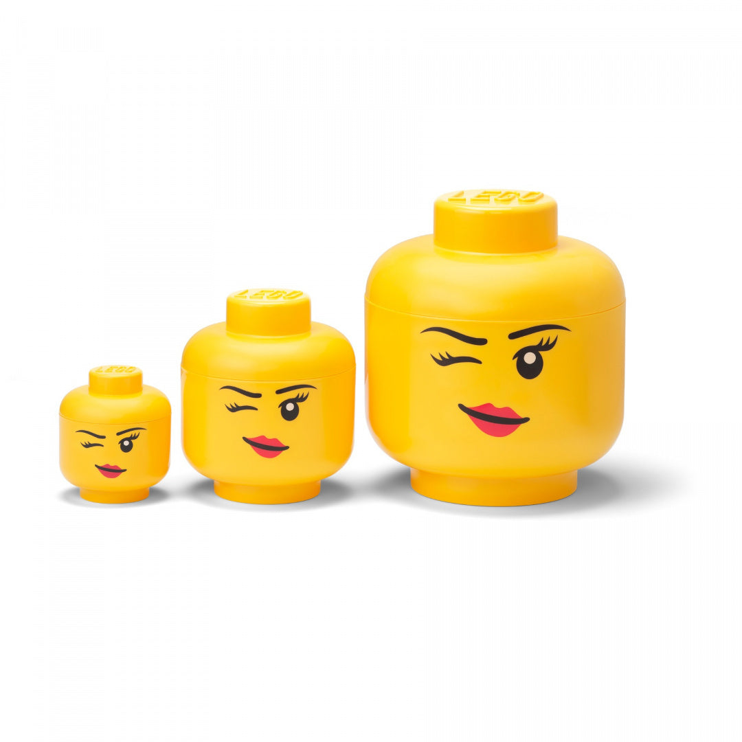 Zestaw trzech pojemników LEGO głowa dziewczynka w żółtym kolorze z różnymi rozmiarami