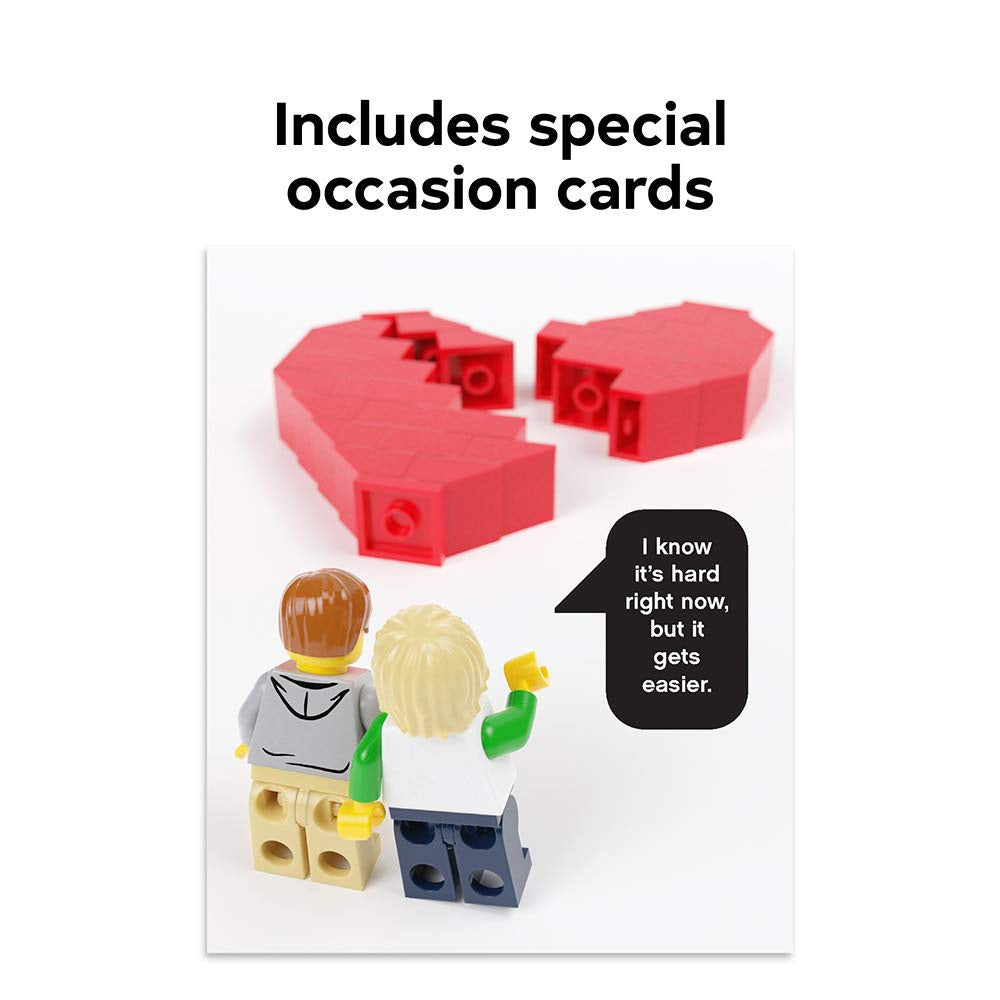 Kartki okolicznościowe LEGO przedstawiające dwie figurki LEGO przy dużym czerwonym złamanym sercu