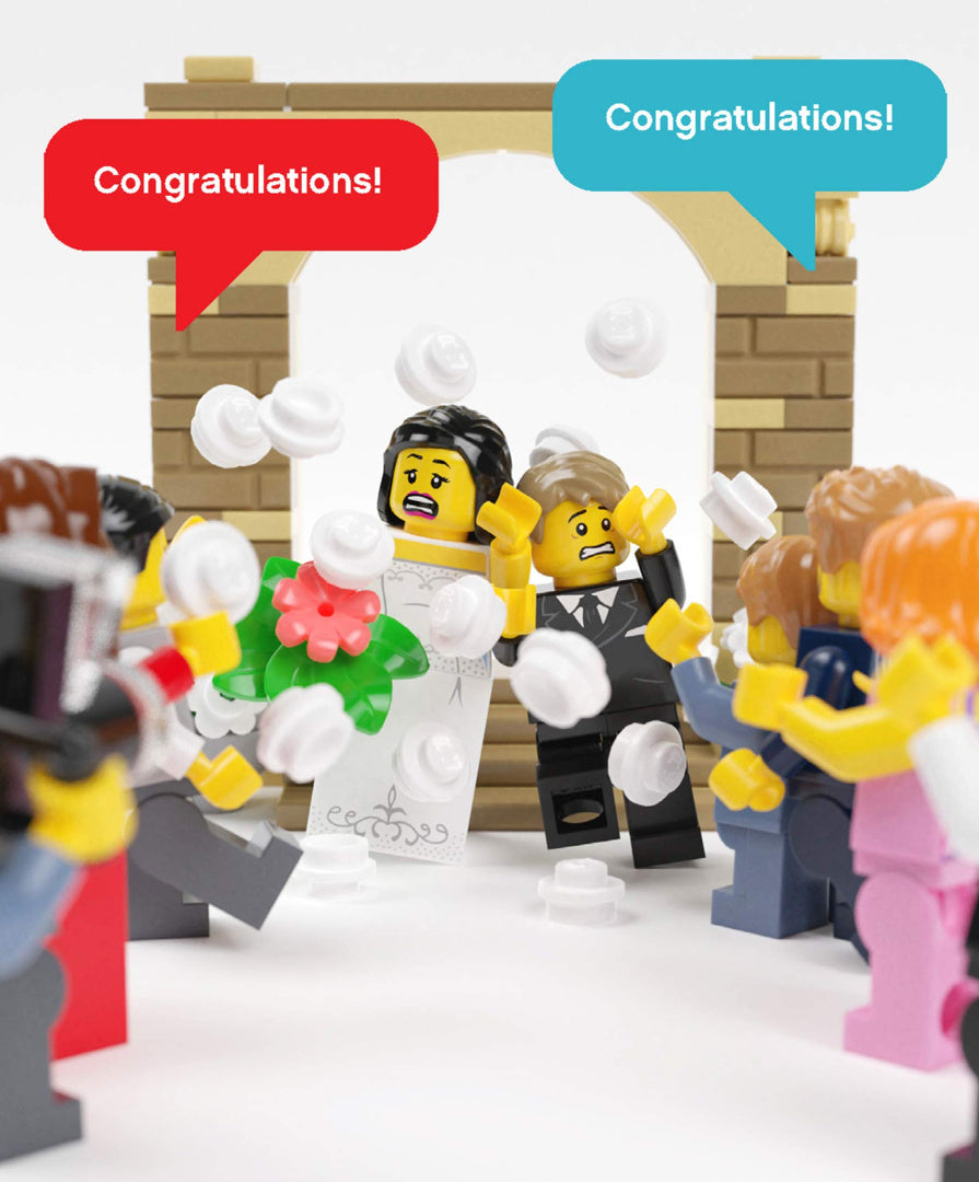 Kartki okolicznościowe LEGO przedstawiające scenę ślubu z minifigurkami weselnymi i konfetti