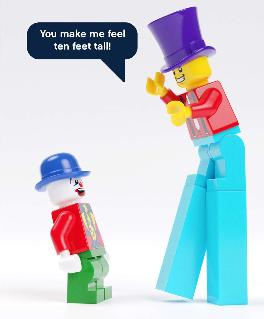 Postacie LEGO w kolorowych ubraniach i kapeluszach na kartki okolicznościowe LEGO od BV JACOB COMPANY