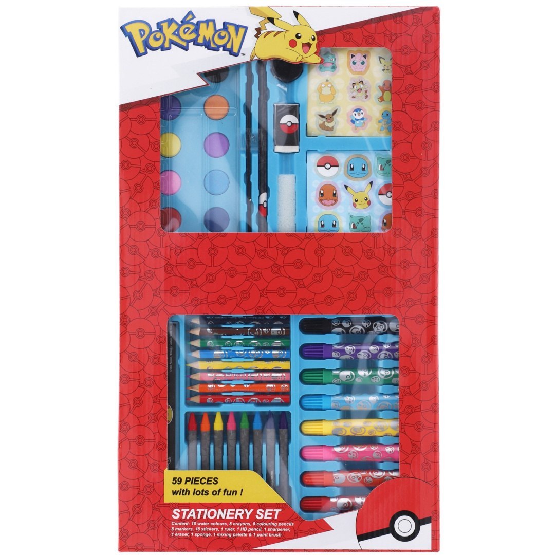 Kreativset Pokémon mit bunten Buntstiften, einem Marker und Heften in roter Verpackung.