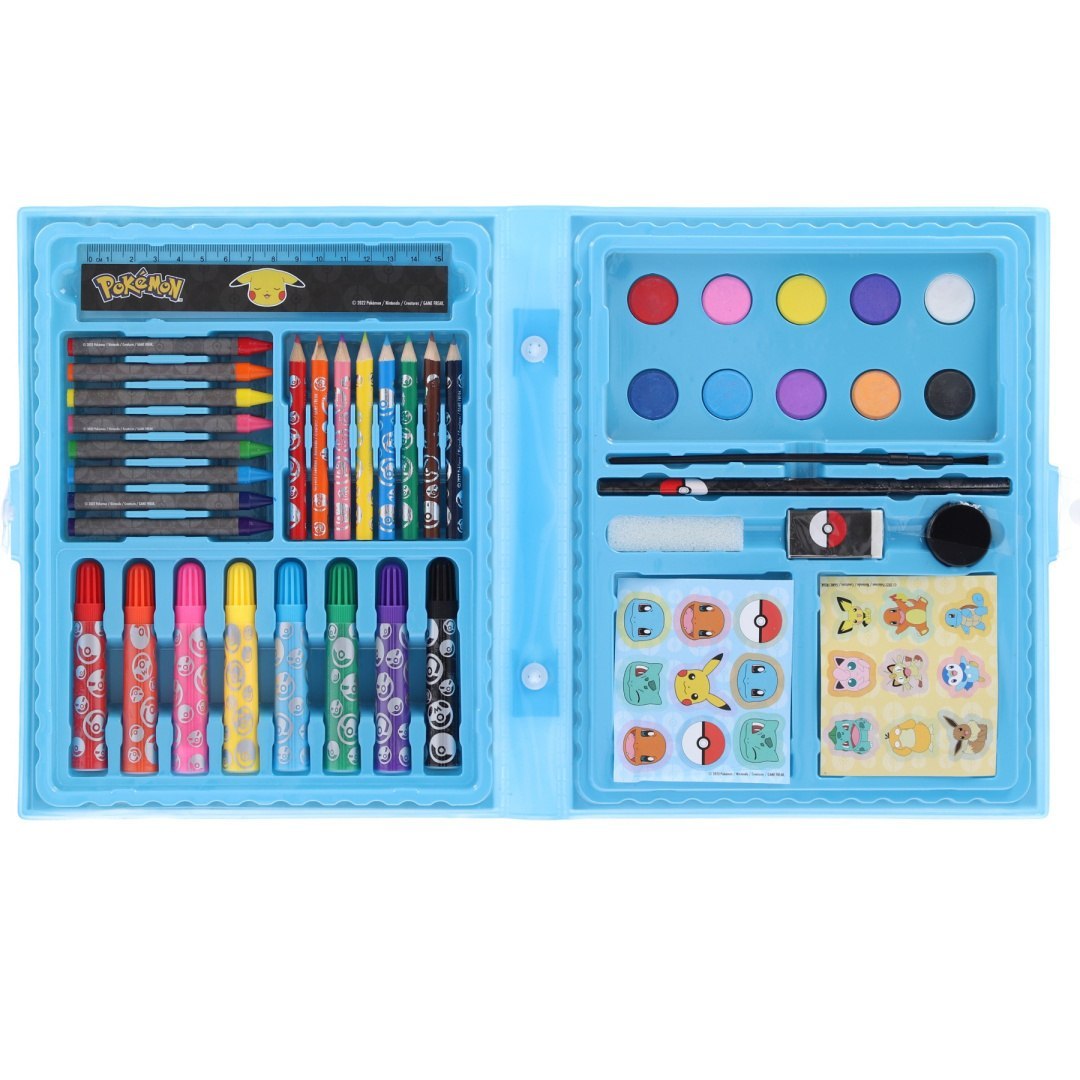 Kreativset Pokémon mit Farben, Buntstiften, Filzstiften und Aufklebern in einem blauen Etui.
