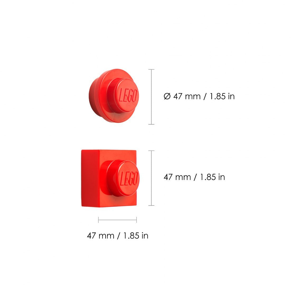 Czerwone magnesy LEGO do lodówki o wymiarach 47 mm w kształcie klasycznej kostki i okrągłego klocka