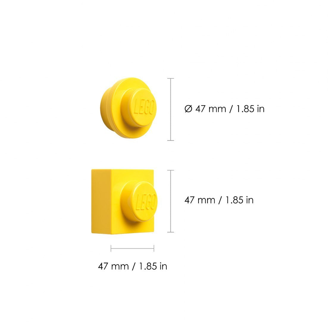 Żółte magnesy LEGO do lodówki w kształcie koła i kwadratu o wymiarach 47 mm od BV JACOB COMPANY