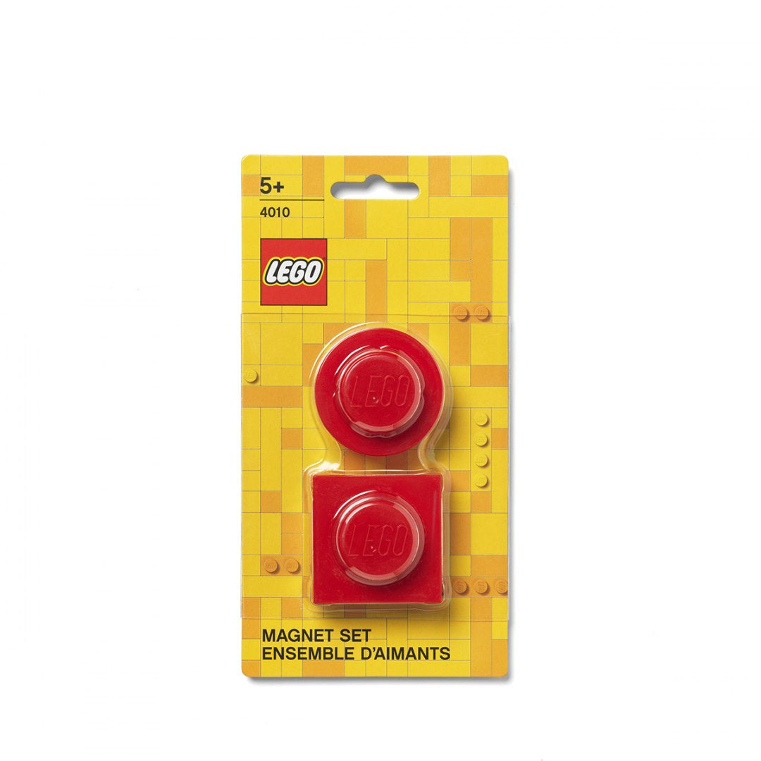 Bv Jacob Company magnesy LEGO czerwone w kształcie klocków na żółtym tle opakowania