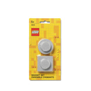 Magnesy LEGO szare w zestawie dwóch klocków magnetycznych na żółtym tle opakowania